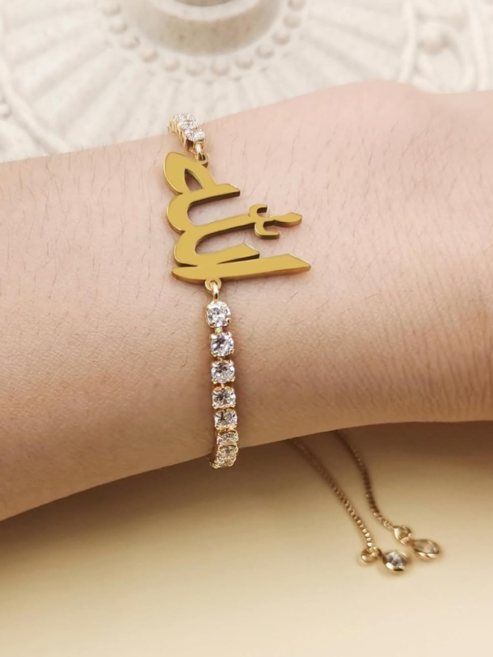 Gold Allah Arabic Calligraphy Crystal Adjustable Bracelet Fifi’s Closet - Picture 3 of 7